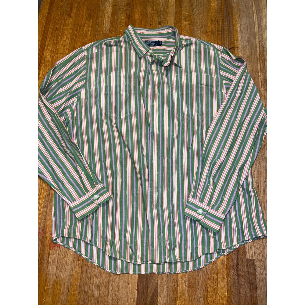 Polo Ralph Lauren XXL Green Multi Color Striped Long Sleeve Pocket Button Down